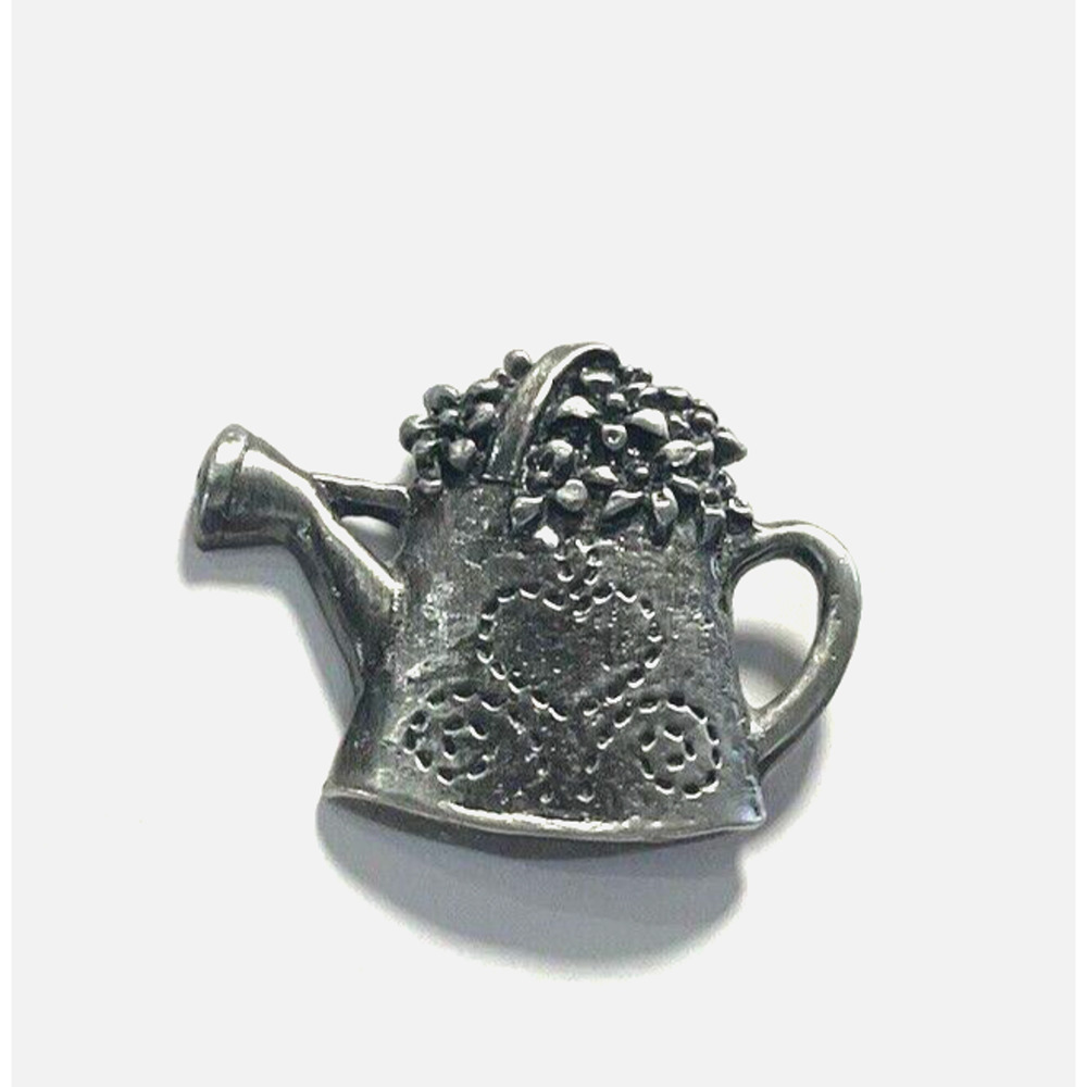 Watering Can Brooch Vintage Lapel Pin Gardener Flowers Silver Tone Primitive Tin